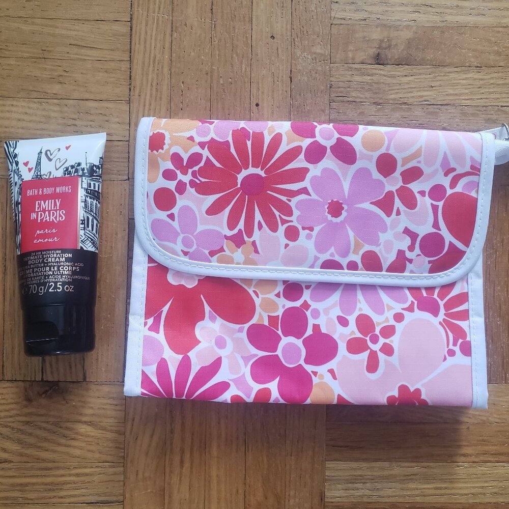 Clinique Red & Pink Floral Makeup Cosmetics Bag, Bath & Body Works Body Cream